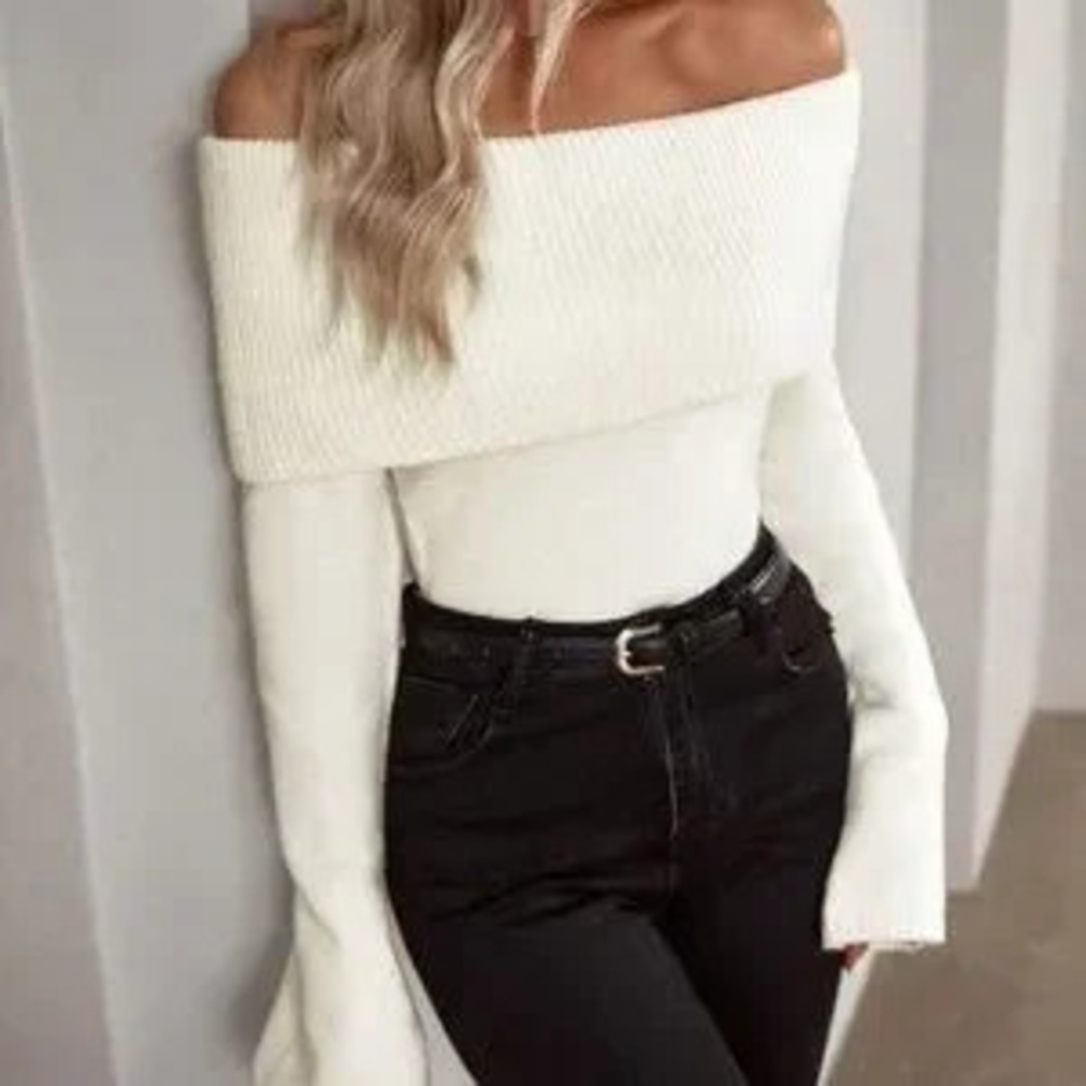 ZARA Beige Preppy Womens off shoulder long sleeves Sweater